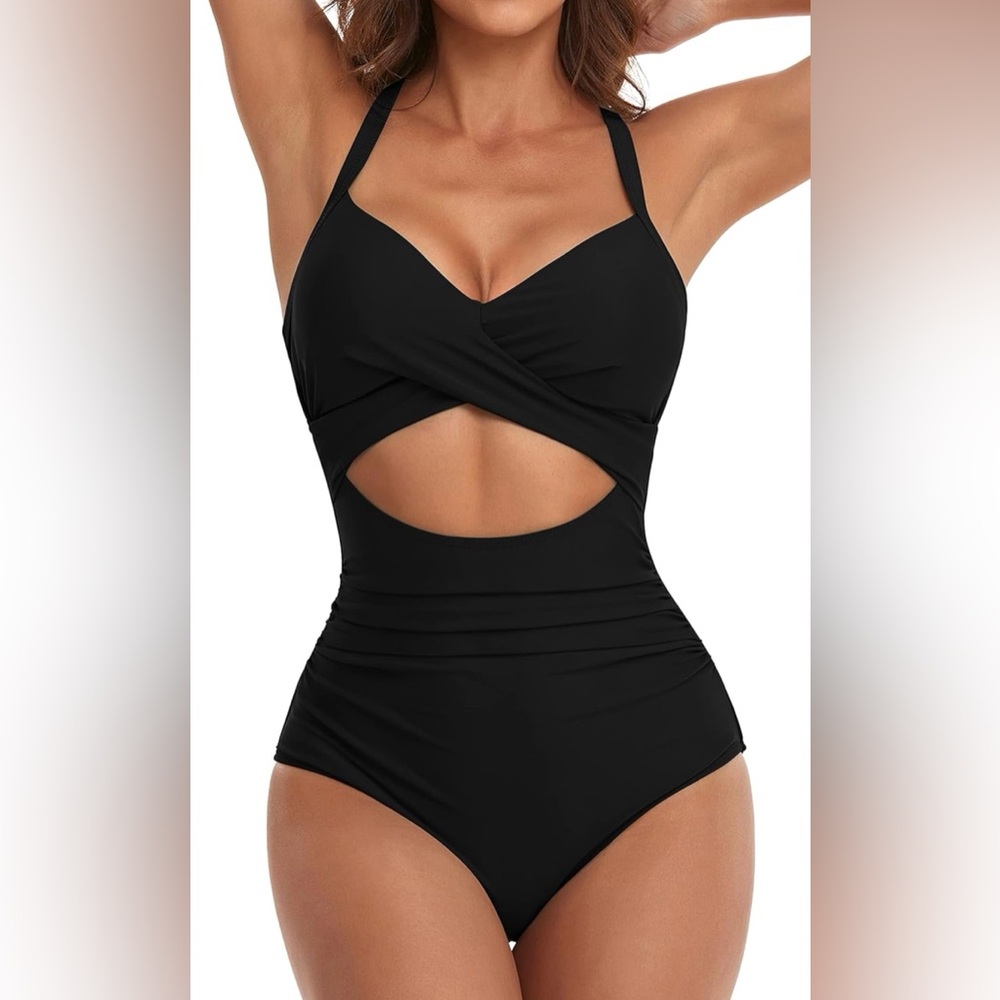 NWT Eomenie Black Cutout Tummy Control High Waisted Tie Back 1pc Swimsuit 2XL